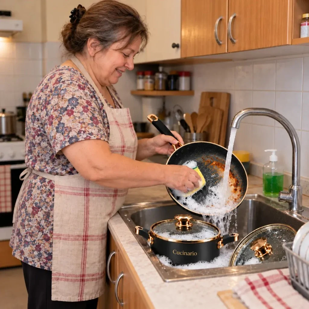 Cucinario™ panná u dřezu — špína se oplachuje s minimálním úsilím