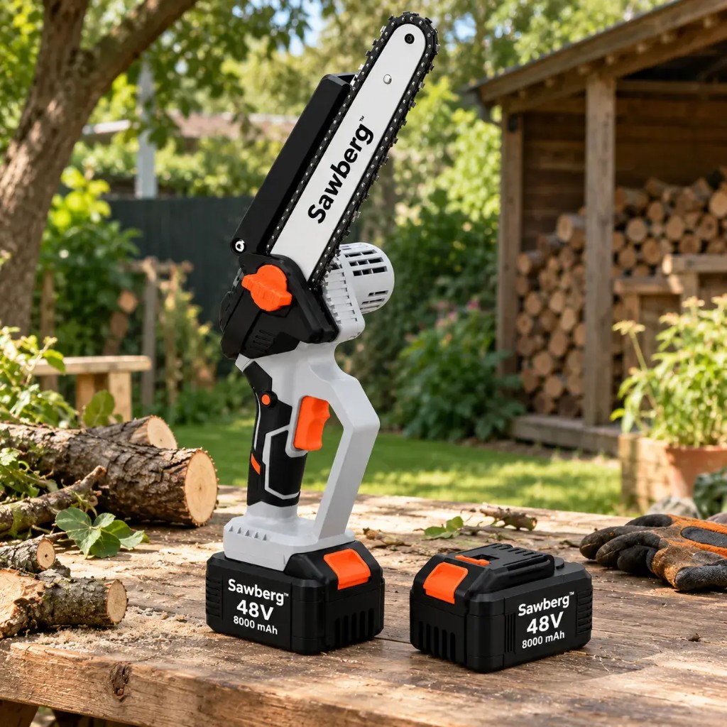 Sawberg™ ar divām 48V 8000 mAh baterijām uz dārza darba galda